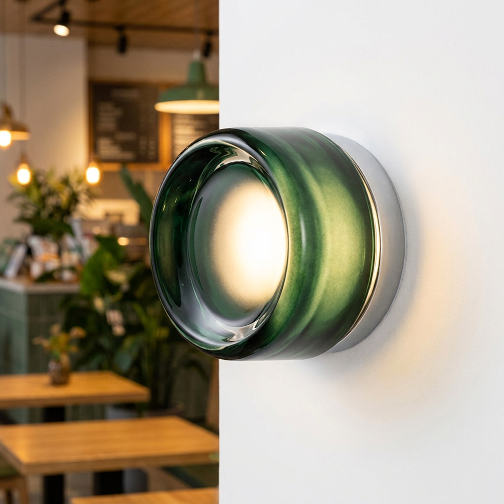 Nordic dimpled glass wall lamp by lunavera casting a warm pool of light