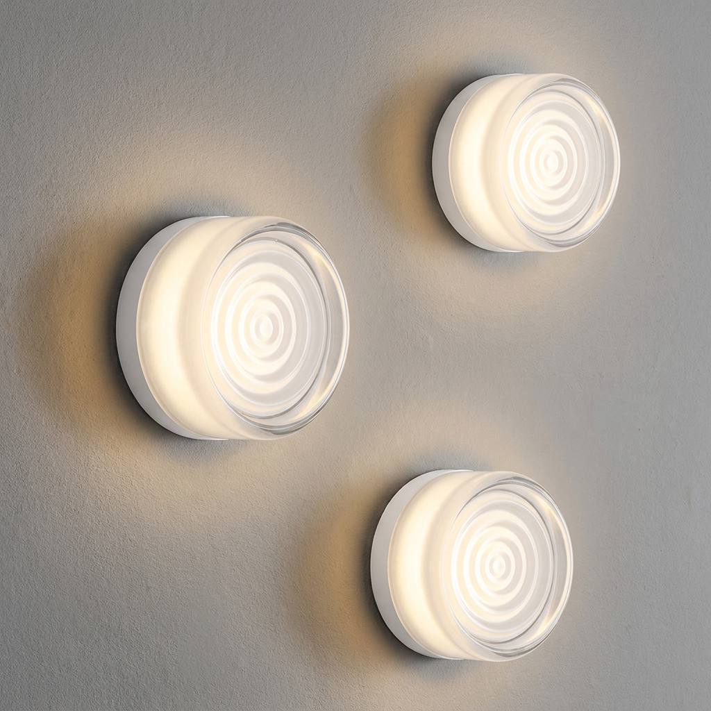Round Fresnel ribbed glass wall lamp by lunavera casting rippled warm light